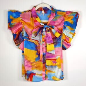 TRUTH Colorful Abstract Blouse M Flutter Sleeve Tie Neck Avant Garde Top